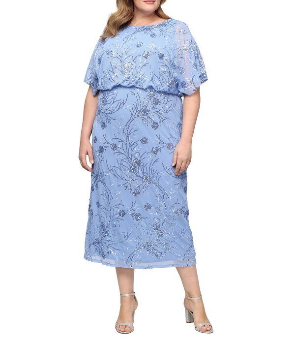 イグナイト レディース トップス 衣装 足し加える大きさ メッシュ MIDI スパンコール Ignitevenings Plusize Power Mesh Sequin Blouson Short Flutter Sleeve Midi Dress Blue 青色