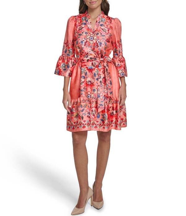 ヴィンスカムート レディース トップス 衣装 Vのど首 A 生産ライン 御花柄 刷り上げる 御花 Vince Camuto Floral Print V-Neck 3/4 Sleeve Belted A-Line Dress Coral コーラル