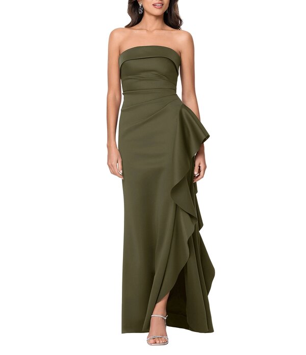 逃げ失せる レディース トップス 衣裳 ギャザー フラウンス ストラップレス Xscape Suba Strapless Ruched Side Ruffle Sheath Dress Olive オリーブ