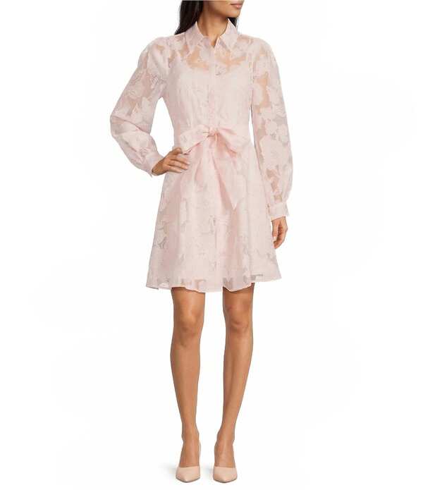 カール ラガーフェルド レディース トップス ワンピース フラワー柄 シャツ フラワー KARLAGERFELD PARIS Floral Organza Collared Long Sleeve Belted Shirt Dress Pearl Blush パール｜ReVida 店