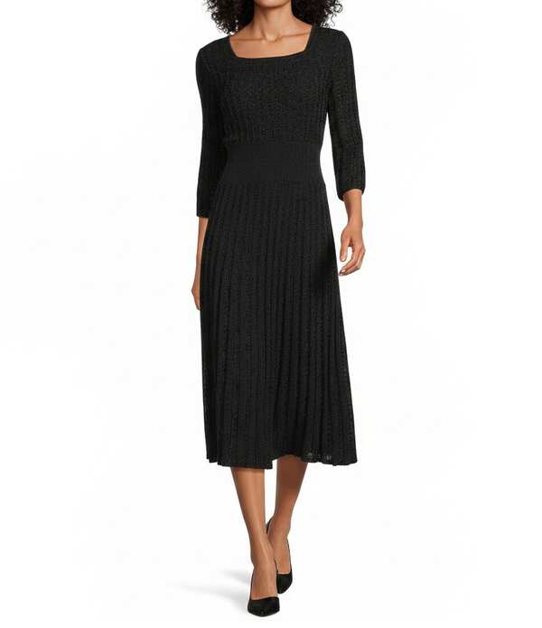 ミンウォン レディース トップス 衣裳 MIDI 編み物 Ming Wang Pointelle Tonal Knit Square Neck 3/4 Sleeve Fit-And-Flare Midi Dress Black 黒いこと