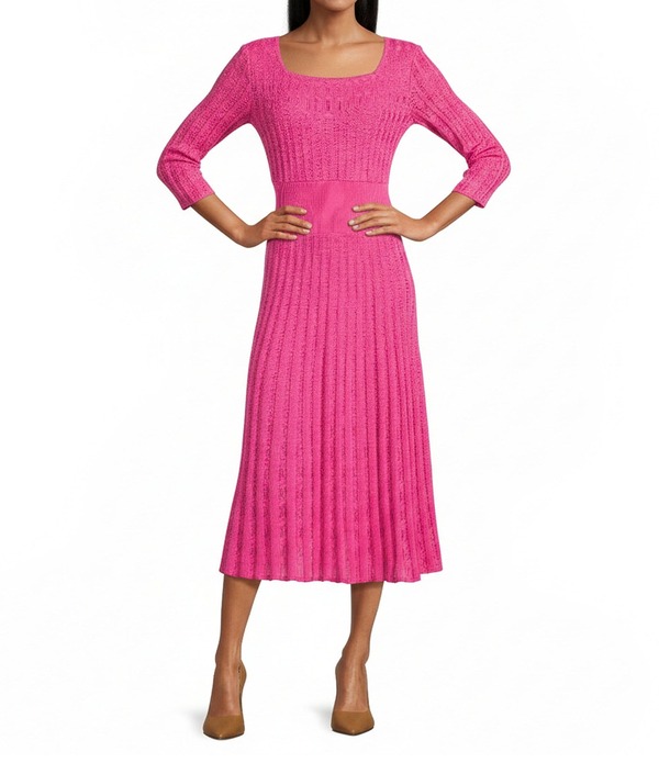 ミンウォン レディース トップス 衣裳 MIDI 編み物 Ming Wang Pointelle Tonal Knit Square Neck 3/4 Sleeve Fit-And-Flare Midi Dress Carmine Rose