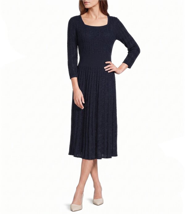 ミンウォン レディース トップス 衣裳 MIDI 編み物 Ming Wang Pointelle Tonal Knit Square Neck 3/4 Sleeve Fit-And-Flare Midi Dress Indigo インディゴ