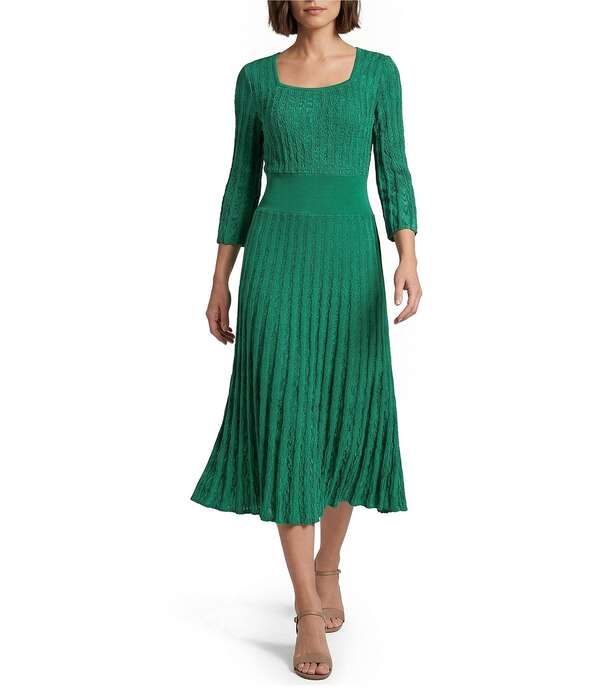 ミンウォン レディース トップス 衣裳 MIDI 編み物 Ming Wang Pointelle Tonal Knit Square Neck 3/4 Sleeve Fit-And-Flare Midi Dress Kelly Green 緑であること