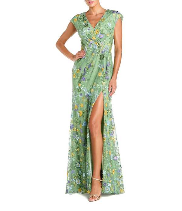 マックダガル レディース トップス 衣装 Vのど首 A 生産ライン メッシュ 刺しゅう Mac Duggal V Neck Embroidered Mesh A Line Gown Sage サルヴィア