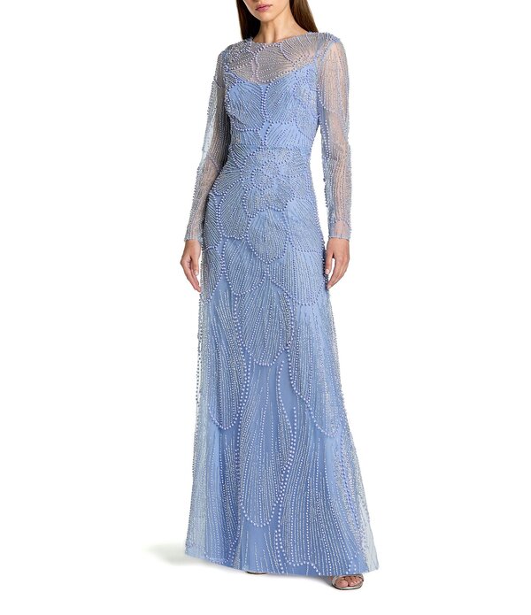 マックダガル レディース トップス 衣裳 A 伝達ルート ハイネック メッシュ マキシ Mac Duggal Beaded Meshigh Neck Long Sleeve A Line Maxi Dress Periwinkle