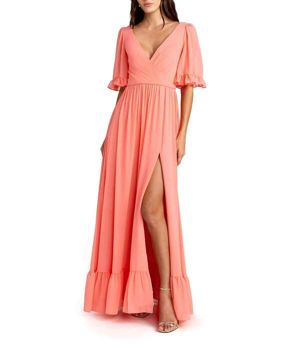マックダガル レディース トップス 衣裳 A 伝達ルート フラウンス Mac Duggal Short Sleeve Ruffle Trim A-Line Long Dress Coral コーラル