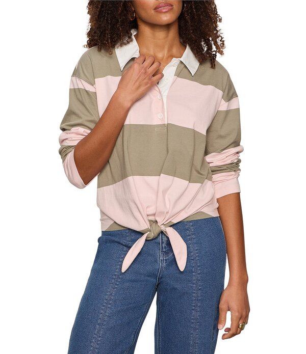 駆け込み寺 レディース トップス ティーシャツ スポーツシャツ 綿織物 Sanctuary Organicotton Rugby Tie Front Polo Collar Long Sleeve Tee Oxygen Pink/Olive Tree さくら色