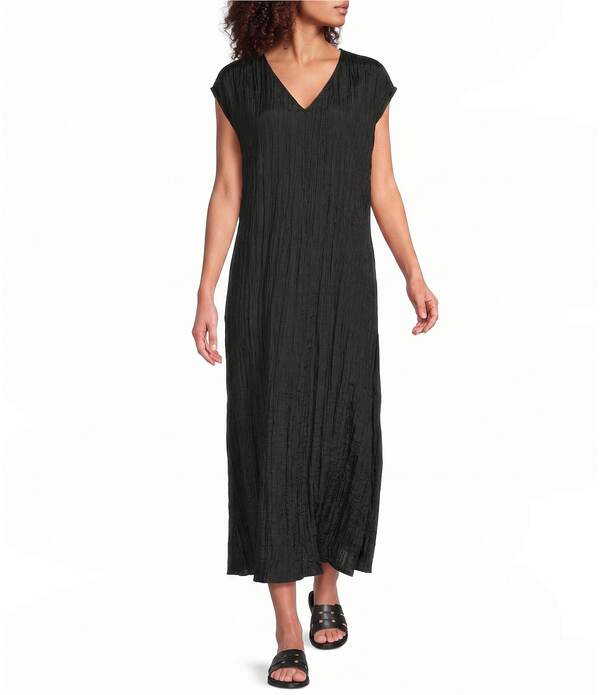 エイリーンフィッシャー レディース トップス 衣装 Vのど首 絹地 旗がしら Eileen Fisher Crushed Silk V-Neck Cap Sleeve Dress Black 黒いこと