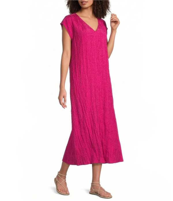 エイリーンフィッシャー レディース トップス 衣装 Vのど首 絹地 旗がしら Eileen Fisher Crushed Silk V-Neck Cap Sleeve Dress Fuschia フューシャ
