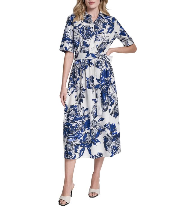 ダナキャラン レディース トップス 衣装 MIDI プルオーバー DKNY by Donna Karan Elbow Sleeve Button Front Belted Shirt Midi Dress Atlantic Blue 青色