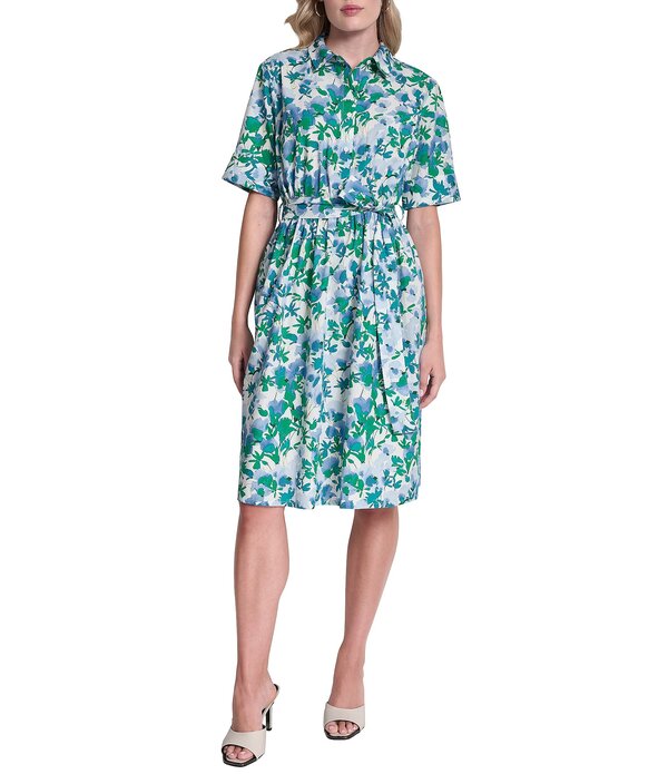 ダナキャラン レディース トップス 衣装 プルオーバー DKNY by Donna Karan Short Sleeve Belted Shirt Dress Fern/Ivory Multi 象牙色