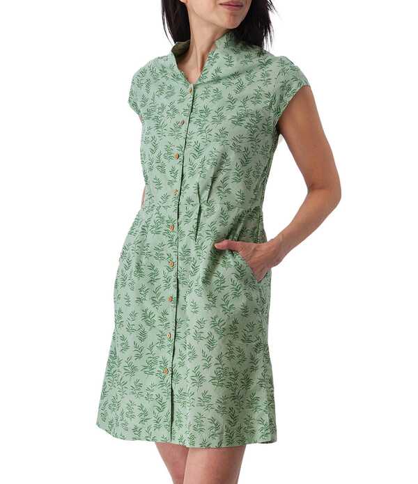 アベンチュラ レディース トップス 衣装 刷り上げる プルオーバー 綿織物 旗がしら Aventurabloom Printed Organicotton Poplin Woven Stand Collar Cap Sleeve Button Front Shirtdress Granite Green 緑であること