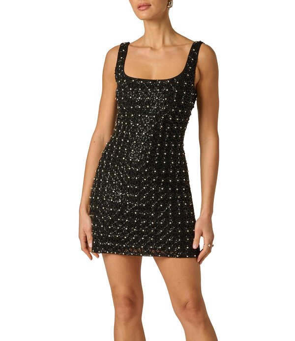 アドリアナ パペル レディース トップス 衣装 ミニ メッシュ ノースリーブ Adrianna Evening by Adrianna Papell Fully Beaded Mesh Square Neck Sleevelessheath Mini Dress Black 黒いこと