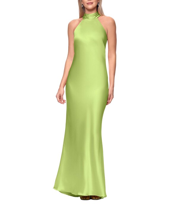 逃げ失せる レディース トップス 衣裳 繻子 ノースリーブ ホルター Xscape Satin Halter Bow Tie Back Sleevelessheath Gown Lime 菩提樹