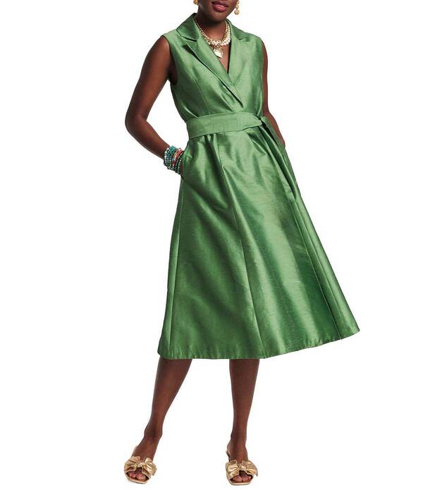 フランセスバレンタイン レディース トップス 衣装 Vのど首 ノースリーブ FRANCES VALENTINE Lucia Dupioni V-Neck Sleeveless Tie Waist Dress Fern