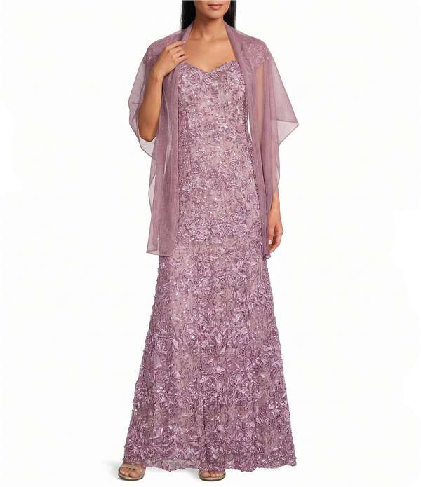 アレックスイブニングス レディース トップス 衣裳 スピード競技 Alex Eveningsweetheart Neck Lace Shawl Soutache Longown Wisteria