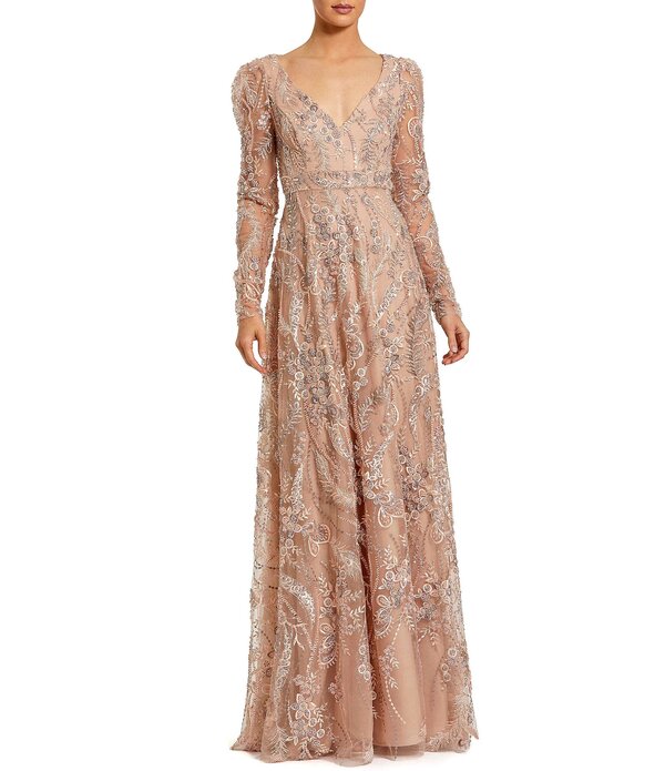マックダガル レディース トップス 衣装 Vのど首 御花柄 刺しゅう マキシ 御花 Mac Duggal Floral Embroidered V Neck Long Sleeve Maxi Gown Taupe トープ
