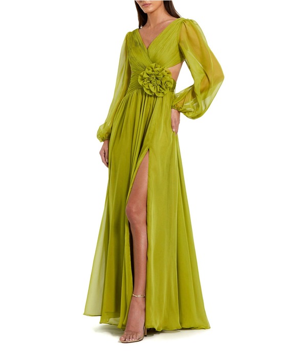 マックダガル レディース トップス 衣装 Vのど首 シフォン Mac Duggalong Sleeve V Neck Chiffon Longown With 3D Flower Applique Apple Green 緑であること