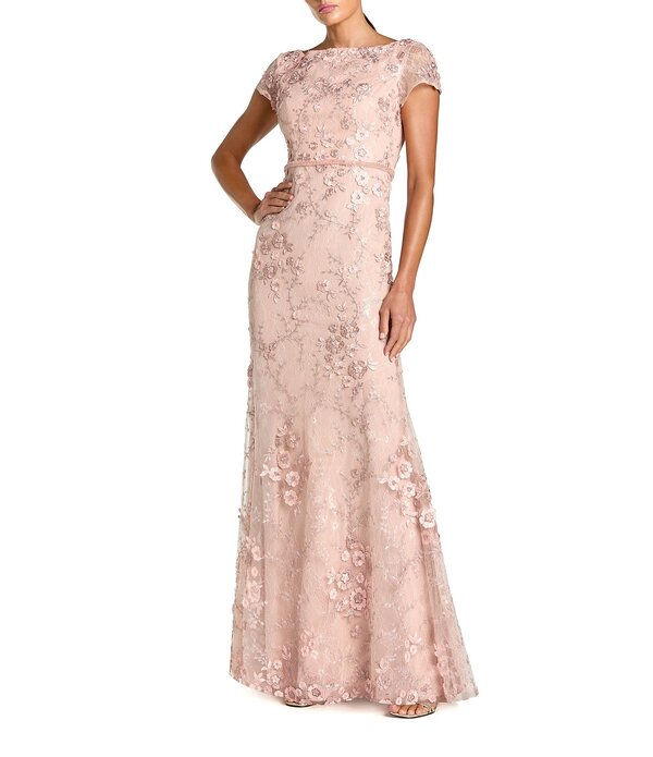 マックダガル レディース トップス 衣装 御花柄 メッシュ 旗がしら 御花 Mac Duggal Floral Mesh Appliqued Cap Sleeve Trumpet Longown Blush 毛はらい