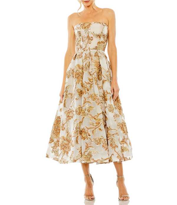 マックダガル レディース トップス 衣装 プチ MIDI ストラップレス Mac Duggal Petite Strapless Brocade Midi Dress With Pockets Bronze