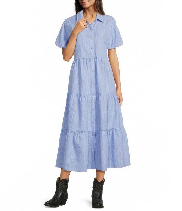 アリアト レディース トップス 衣装 ティアード より良い プルオーバー Ariat Dovestone Seersucker Puff Sleeve Tiered Shirt Dress Pacific Blue 青色