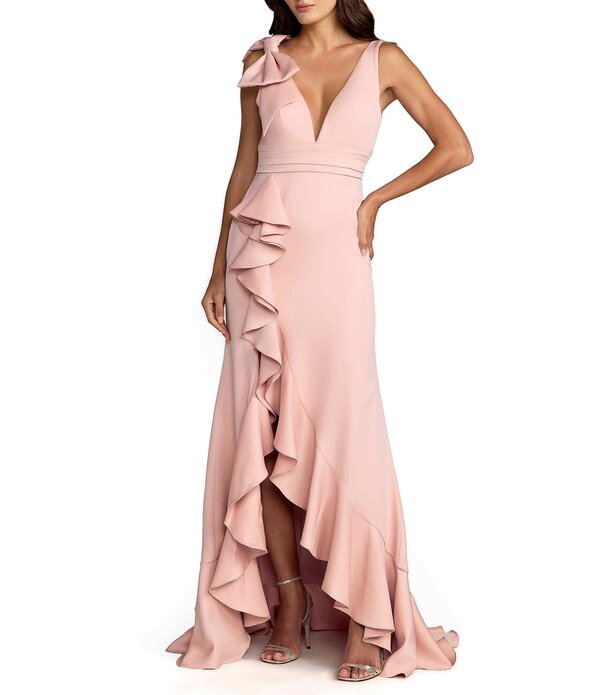 マックダガル レディース トップス 衣装 Vネックレープ ノースリーブ Mac Duggal Crepe V-Neck Sleeveless Bow Detail Sheath Gown Blush 毛はらい