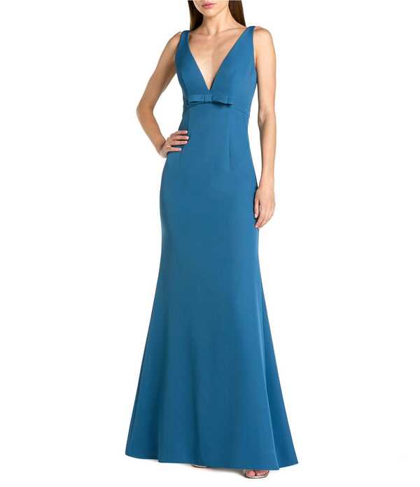 マックダガル レディース トップス 衣裳 Vネックレープ ノースリーブ Mac Duggal Crepe Sleeveless Bow Front V-Neck Gown Ocean
