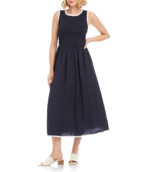 カレンケーン レディース トップス 衣装 A 生産ライン MIDI ノースリーブ 対比 綿織物 編み物 Karen Kane Cotton Knit Interlock Contrast Edge Stitch Scoop Neck Sleeveless A-Line Midi Dress Navy 米国海軍