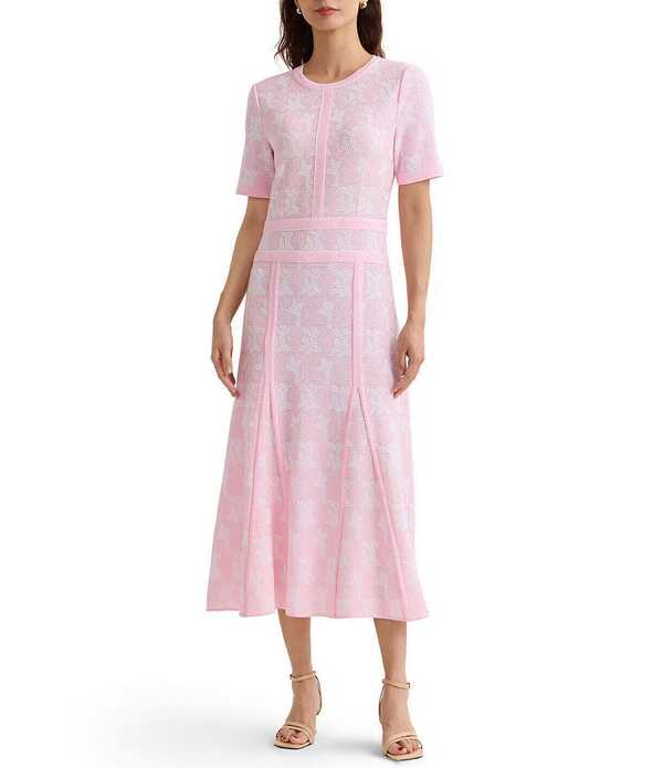 ミソック レディース トップス 衣装 MIDI 編み物 MISOOK Intarsia Knit Jewel Neck Short Sleeve Fit-And-Flare Midi Dress Cherry Blossom/White 白いこと