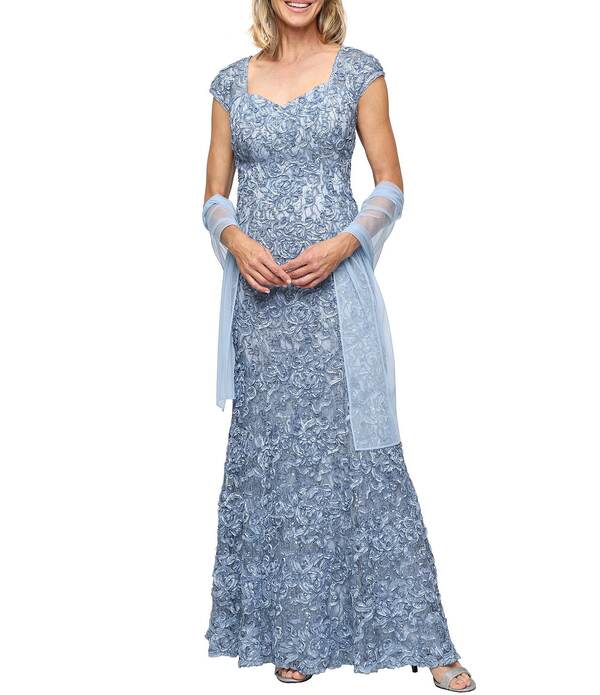 アレックスイブニングス レディース トップス 衣裳 プチ スピード競技 Alex Evenings Petite Size Sweetheart Neck Lace Shawl Soutache Longown Sky Blue 青碧