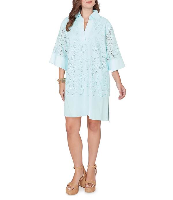 ルビーアールディー レディース トップス 衣装 御花柄 御花 Ruby Rd. Collared Neck 3/4 Sleeve Floral Eyelet Shift Dressea Glass