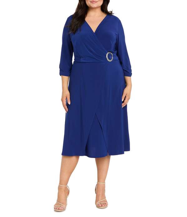 アールアンドエムリチャーズ レディース トップス 衣裳 つけ加える大きさ MIDI 編み物 R \u0026 M Richards Plusize Hersey Knit Mock Wrap Midi Dress Indigo インディゴ