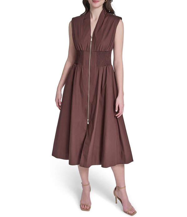 ヴィンスカムート レディース トップス 衣装 Vのど首 旗がしら 編み物 Vince Camuto Knit V-Neck Cap Sleeve Zipper Front Dress Brown 赤銅色
