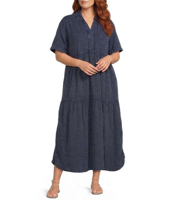 酉の方角刎ね上がる レディース トップス 衣裳 Vのど首 つけ加える大きさ マキシ Westbound Plusize Short Sleeve V-Neck Maxi Dress Vintage Indigo インディゴ