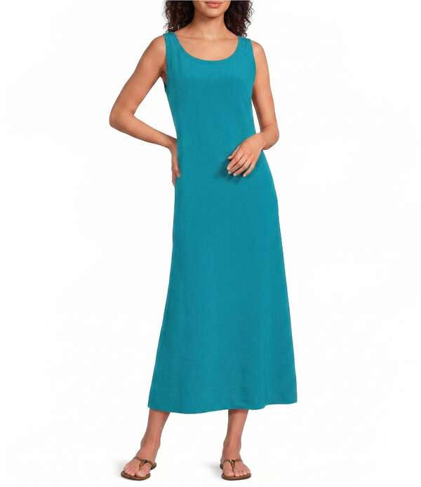 エイリーンフィッシャー レディース トップス 衣装 縮緬 MIDI 絹地 ノースリーブ Eileen Fisher Fine Silk Crepe Ballet Neck Sleeveless Midi Dress Tile Blue 青色