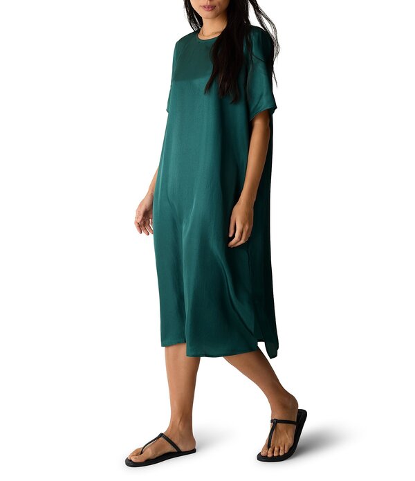 エイリーンフィッシャー レディース トップス 衣裳 繻子 Eileen Fisher Drapey Satin Round Neck Short Sleeve Dress Kelp