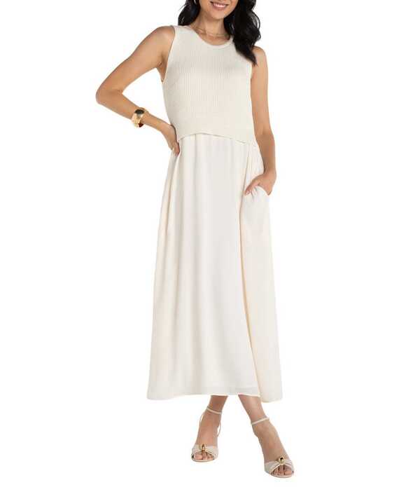 リヴァプール 天使の都市 レディース トップス 衣裳 A 伝達ルート ノースリーブ マキシ Liverpoolos Angeles Mixed Media Round Neck Sleeveless Maxi A-Line Dress Cream 皮膚軟化剤