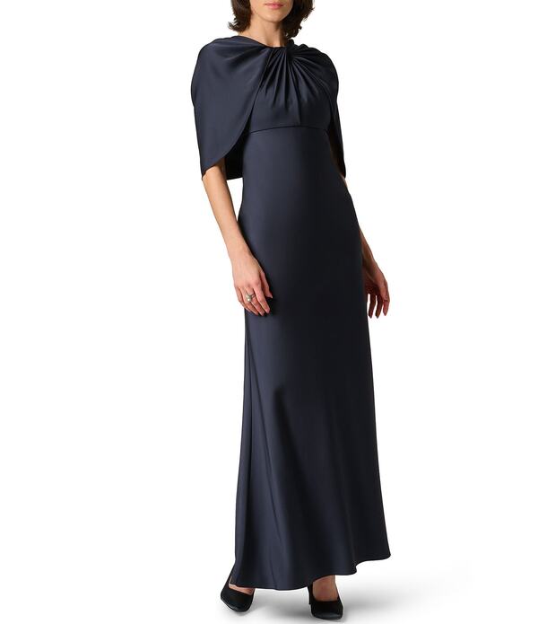 アイダンマットックス レディース トップス 衣装 ケープ青写真 縮緬 繻子 旗がしら ケープ Aidan Mattox Crepe Back Satin Cape Sleeves Long Dress Twilight