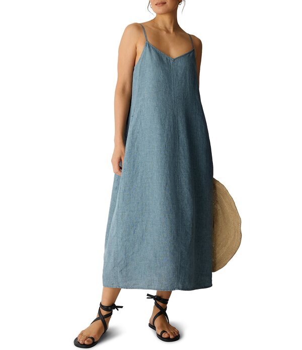 エイリーンフィッシャー レディース トップス 衣裳 Vのど首 ノースリーブ リネン マキシ Eileen Fisher Washed Oragnic Linen Delave V-Neck Sleeveless Maxi Cami Dress Nile