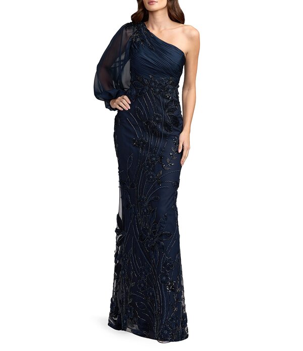 マックダガル レディース トップス 衣装 軽気球捩り メッシュ 刺しゅう Mac Duggal One Shoulder Long Illusion Balloon Sleevembroidered Mesh Long Dress Navy 米国海軍