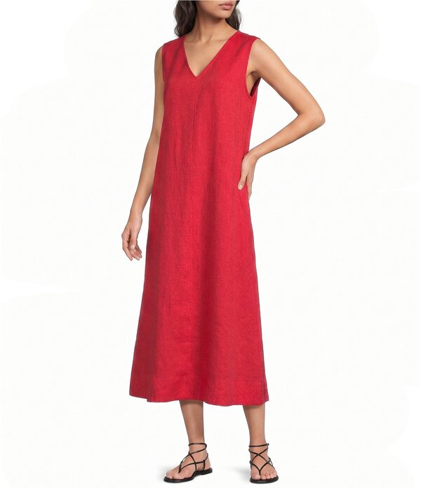エイリーンフィッシャー レディース トップス 衣裳 Vのど首 ノースリーブ リネン マキシ Eileen Fisher Organic Linen V-Neck Sleeveless Maxi Dress Grenadine