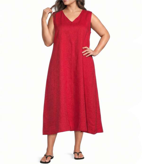 エイリーンフィッシャー レディース トップス 衣裳 Vのど首 つけ加える大きさ ノースリーブ リネン マキシ Eileen Fisher Plusize Organic Linen V-Neck Sleeveless Maxi Dress Grenadine