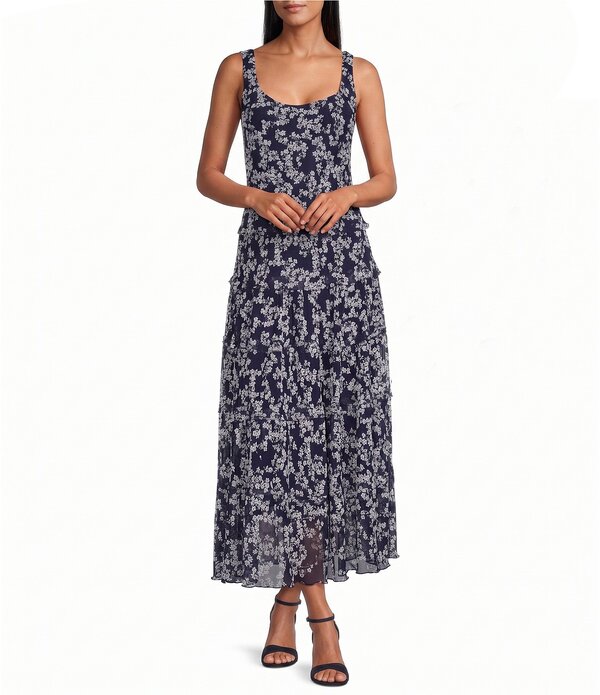 ジョーンズニューヨーク州 レディース トップス 衣装 ティアード シフォン 刷り上げる ノースリーブ マキシ Jones New York Textured Chiffon Printed Scoop Neck Sleeveless Multiered Maxi Dress Pacific Navy/Natural White 白いこと