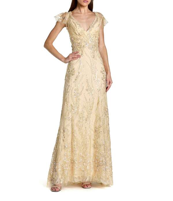 マックダガル レディース トップス 衣装 刺しゅう Mac Duggal Flutter Sleevembroidered Gown Gold ゴールド