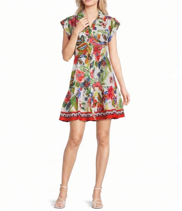 エリザジェイ レディース トップス 衣装 御花柄 プルオーバー 御花 Eliza J Short Sleeve Floral Shirt Dress Ivory Multi 象牙色