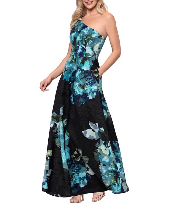 ベッツィアンドアダム レディース トップス 衣裳 刷り上げる Betsy \u0026 Adam One Shoulder Printed Organza Longown Black/Teal 黒いこと