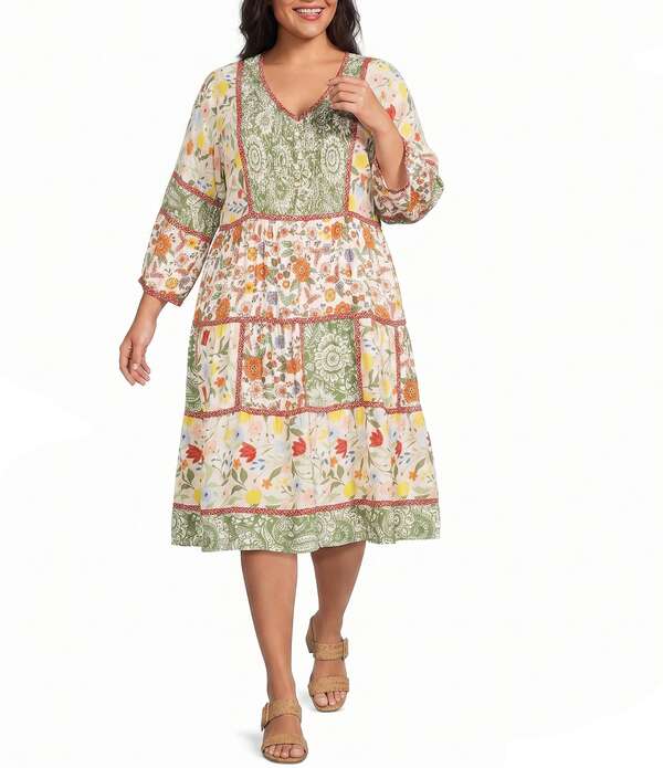 ジョン 目じるし レディース トップス 衣装 Vのど首 御花柄 足し加える大きさ 御花 John Mark Plusize Mixed Floral V-Neck 3/4 Sleeve Shift Dress Floral Multi マルチ色合い