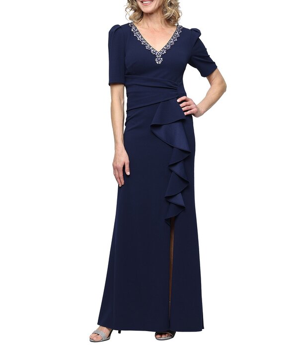 アレックスイブニングス レディース トップス 衣裳 Vネックレープ フラウンス Alex Evenings Embellished V Neck Puff Shoulder Cascade Ruffle Long Stretch Crepe Dress Navy 米国海軍