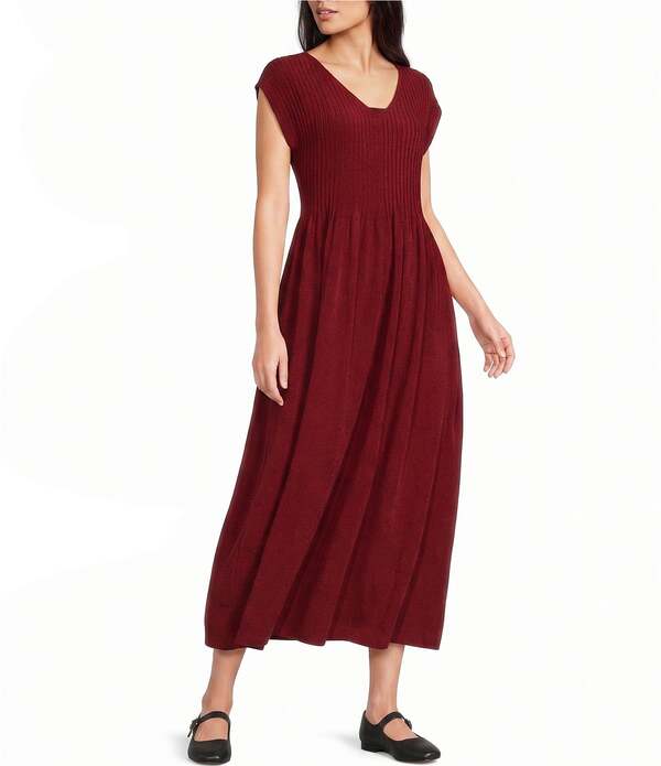 エイリーンフィッシャー レディース トップス 衣装 Vネックレープリーツ 絹地 旗がしら Eileen Fisher Silk Crepe De Chine Pleated V-Neck Cap Sleeve Dressundried Tomato
